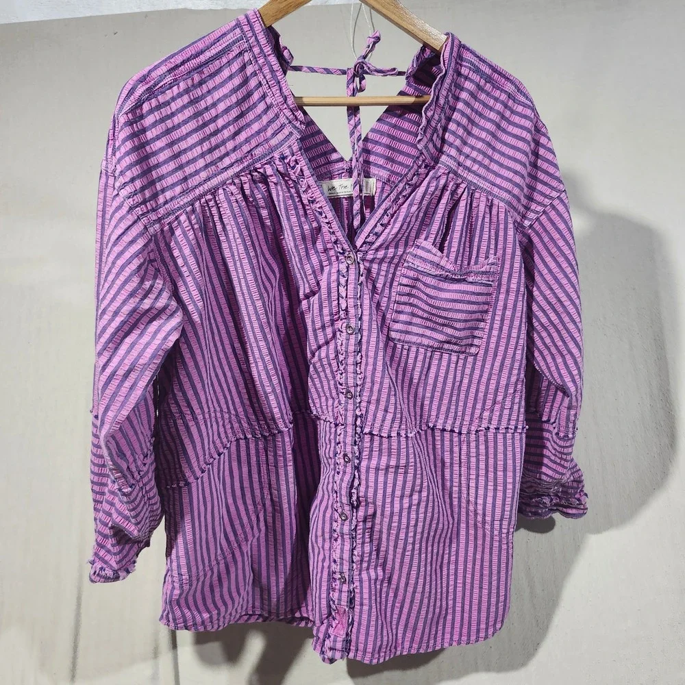 We The Free Free People Purple Striped Ruffle Button Down Boho Top Women Small